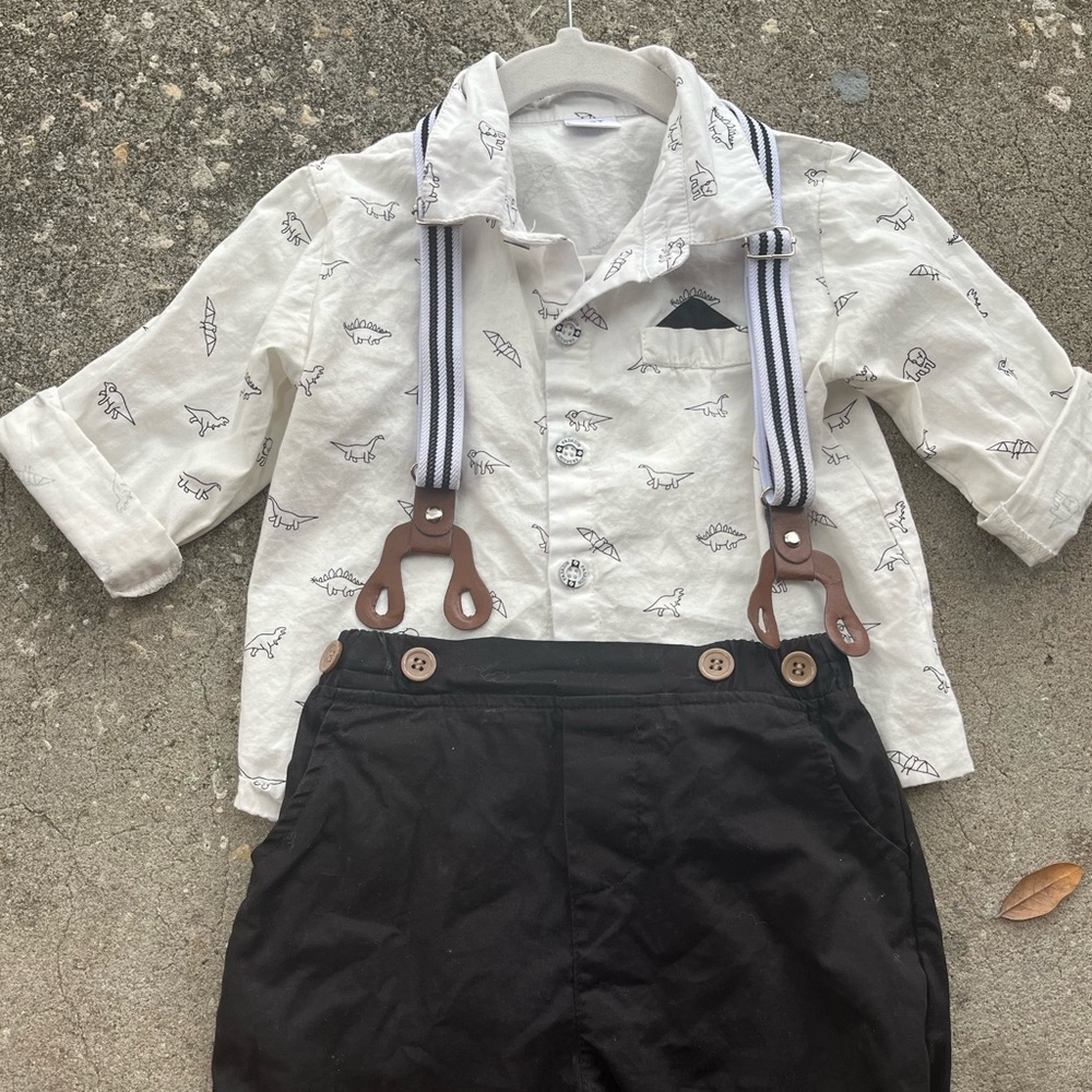 Toddler Dino Dress Shirt with Suspender Pants 🦕